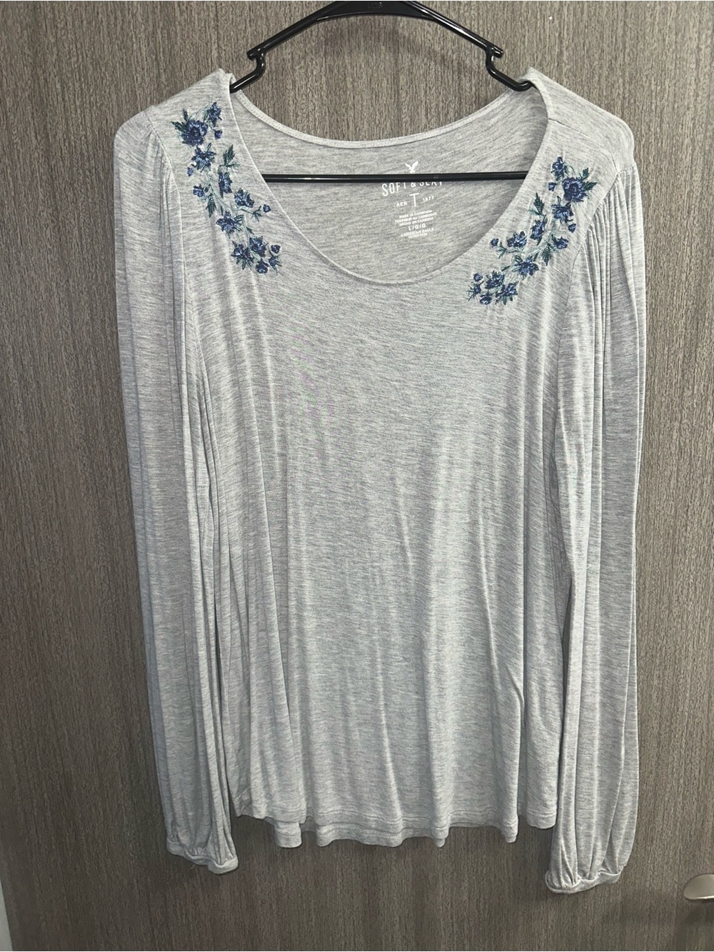 Soft Surroundings Light Gray Long Sleeve Top with Blue Floral Neck Embroidery